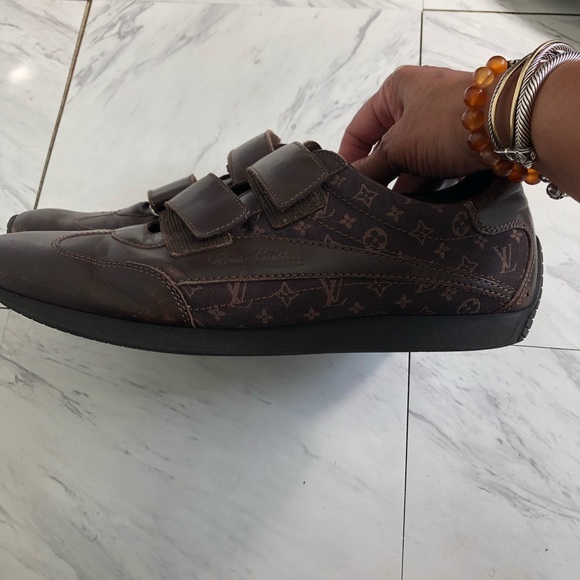 Louis Vuitton Brown Leather and Canvas Logo Velcro Sneakers Sz. 9.5 - Picture 6 of 9